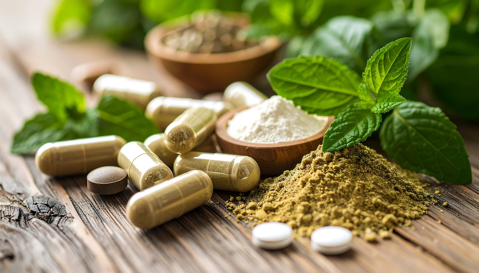 Herbal supplements &mdash; capsules, tablets, and medicinal herb powders with fresh mint on a wooden surface